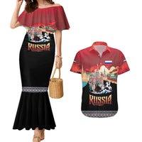 Russia Flag Red and Black Pullover Couples Matching Mermaid Dress and Hawaiian Shirt with Moscow Skyline Bear and Horse Design