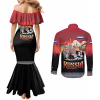 Russia Flag Red and Black Pullover Couples Matching Mermaid Dress and Long Sleeve Button Shirt with Moscow Skyline Bear and Horse Design