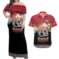 Russia Flag Red and Black Pullover Couples Matching Off Shoulder Maxi Dress and Hawaiian Shirt with Moscow Skyline Bear and Horse Design