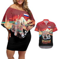 Russia Flag Red and Black Pullover Couples Matching Off Shoulder Short Dress and Hawaiian Shirt with Moscow Skyline Bear and Horse Design