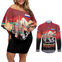 Russia Flag Red and Black Pullover Couples Matching Off Shoulder Short Dress and Long Sleeve Button Shirt with Moscow Skyline Bear and Horse Design