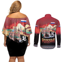 Russia Flag Red and Black Pullover Couples Matching Off Shoulder Short Dress and Long Sleeve Button Shirt with Moscow Skyline Bear and Horse Design