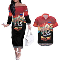 Russia Flag Red and Black Pullover Couples Matching Off The Shoulder Long Sleeve Dress and Hawaiian Shirt with Moscow Skyline Bear and Horse Design