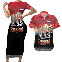 Russia Flag Red and Black Pullover Couples Matching Short Sleeve Bodycon Dress and Hawaiian Shirt with Moscow Skyline Bear and Horse Design