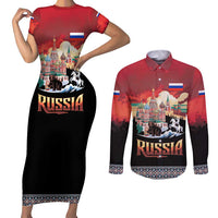 Russia Flag Red and Black Pullover Couples Matching Short Sleeve Bodycon Dress and Long Sleeve Button Shirt with Moscow Skyline Bear and Horse Design
