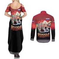 Russia Flag Red and Black Pullover Couples Matching Summer Maxi Dress and Long Sleeve Button Shirt with Moscow Skyline Bear and Horse Design