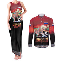 Russia Flag Red and Black Pullover Couples Matching Tank Maxi Dress and Long Sleeve Button Shirt with Moscow Skyline Bear and Horse Design