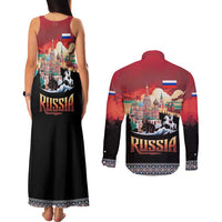 Russia Flag Red and Black Pullover Couples Matching Tank Maxi Dress and Long Sleeve Button Shirt with Moscow Skyline Bear and Horse Design
