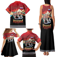 Russia Flag Red and Black Pullover Family Matching Tank Maxi Dress and Hawaiian Shirt with Moscow Skyline Bear and Horse Design