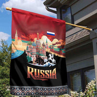 Russia Flag Red and Black Pullover Garden Flag with Moscow Skyline Bear and Horse Design