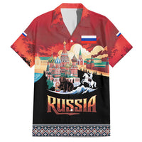 Russia Flag Red and Black Pullover Hawaiian Shirt with Moscow Skyline Bear and Horse Design