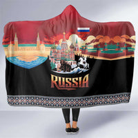 Russia Flag Red and Black Pullover Hooded Blanket with Moscow Skyline Bear and Horse Design