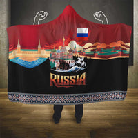 Russia Flag Red and Black Pullover Hooded Blanket with Moscow Skyline Bear and Horse Design