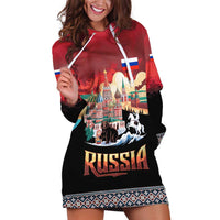 Russia Flag Red and Black Pullover Hoodie Dress with Moscow Skyline Bear and Horse Design