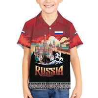Russia Flag Red and Black Pullover Kid Hawaiian Shirt with Moscow Skyline Bear and Horse Design