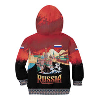Russia Flag Red and Black Pullover Kid Hoodie with Moscow Skyline Bear and Horse Design