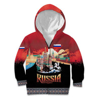 Russia Flag Red and Black Pullover Kid Hoodie with Moscow Skyline Bear and Horse Design