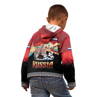 Russia Flag Red and Black Pullover Kid Hoodie with Moscow Skyline Bear and Horse Design