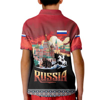 Russia Flag Red and Black Pullover Kid Polo Shirt with Moscow Skyline Bear and Horse Design