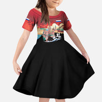 Russia Flag Red and Black Pullover Kid Short Sleeve Dress with Moscow Skyline Bear and Horse Design