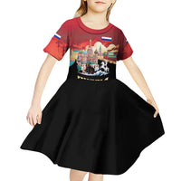 Russia Flag Red and Black Pullover Kid Short Sleeve Dress with Moscow Skyline Bear and Horse Design