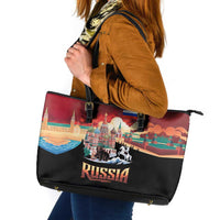 Russia Flag Red and Black Pullover Leather Tote Bag with Moscow Skyline Bear and Horse Design