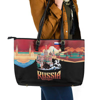 Russia Flag Red and Black Pullover Leather Tote Bag with Moscow Skyline Bear and Horse Design