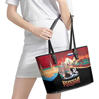 Russia Flag Red and Black Pullover Leather Tote Bag with Moscow Skyline Bear and Horse Design