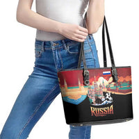 Russia Flag Red and Black Pullover Leather Tote Bag with Moscow Skyline Bear and Horse Design