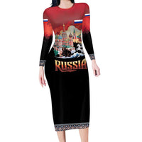 Russia Flag Red and Black Pullover Long Sleeve Bodycon Dress with Moscow Skyline Bear and Horse Design
