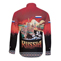 Russia Flag Red and Black Pullover Long Sleeve Button Shirt with Moscow Skyline Bear and Horse Design