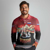 Russia Flag Red and Black Pullover Long Sleeve Polo Shirt with Moscow Skyline Bear and Horse Design