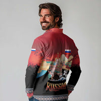 Russia Flag Red and Black Pullover Long Sleeve Polo Shirt with Moscow Skyline Bear and Horse Design