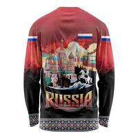 Russia Flag Red and Black Pullover Long Sleeve Shirt with Moscow Skyline Bear and Horse Design