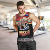 Russia Flag Red and Black Pullover Men Tank Top with Moscow Skyline Bear and Horse Design