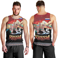 Russia Flag Red and Black Pullover Men Tank Top with Moscow Skyline Bear and Horse Design