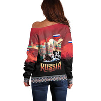 Russia Flag Red and Black Pullover Off Shoulder Sweater with Moscow Skyline Bear and Horse Design
