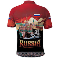Russia Flag Red and Black Pullover Polo Shirt with Moscow Skyline Bear and Horse Design