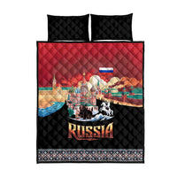 Russia Flag Red and Black Pullover Quilt Bed Set with Moscow Skyline Bear and Horse Design