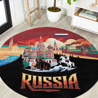 Russia Flag Red and Black Pullover Round Carpet with Moscow Skyline Bear and Horse Design