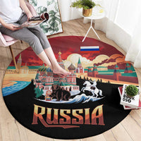Russia Flag Red and Black Pullover Round Carpet with Moscow Skyline Bear and Horse Design