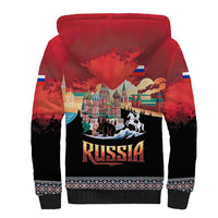 Russia Flag Red and Black Pullover Sherpa Hoodie with Moscow Skyline Bear and Horse Design