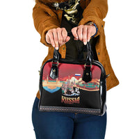 Russia Flag Red and Black Pullover Shoulder Handbag with Moscow Skyline Bear and Horse Design