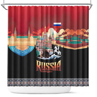 Russia Flag Red and Black Pullover Shower Curtain with Moscow Skyline Bear and Horse Design
