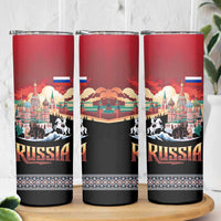 Russia Flag Red and Black Pullover Skinny Tumbler with Moscow Skyline Bear and Horse Design