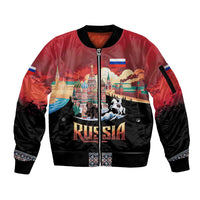 Russia Flag Red and Black Pullover Sleeve Zip Bomber Jacket with Moscow Skyline Bear and Horse Design