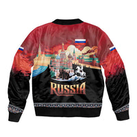 Russia Flag Red and Black Pullover Sleeve Zip Bomber Jacket with Moscow Skyline Bear and Horse Design