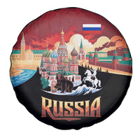 Russia Flag Red and Black Pullover Spare Tire Cover with Moscow Skyline Bear and Horse Design