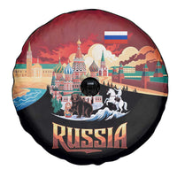 Russia Flag Red and Black Pullover Spare Tire Cover with Moscow Skyline Bear and Horse Design