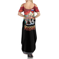 Russia Flag Red and Black Pullover Summer Maxi Dress with Moscow Skyline Bear and Horse Design